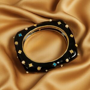 Gold tone Black Enamel Colorful Dainty Bangle Bracelet - Women's Fashion Jewelry